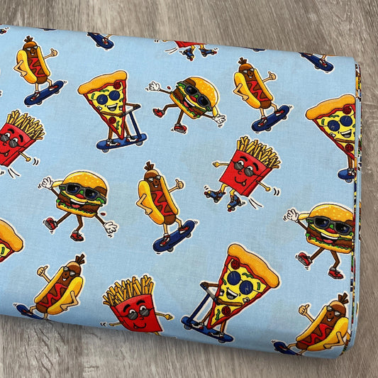 Fast Food Fabric - Burger Bar - 100% Cotton - 3 Wishes - Junk Food Pizza Hotdog Hamburgers Fries