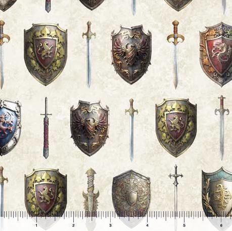 Swords and Shields Fabric - QT Fabrics - 100% Cotton - Magical online fantasy game