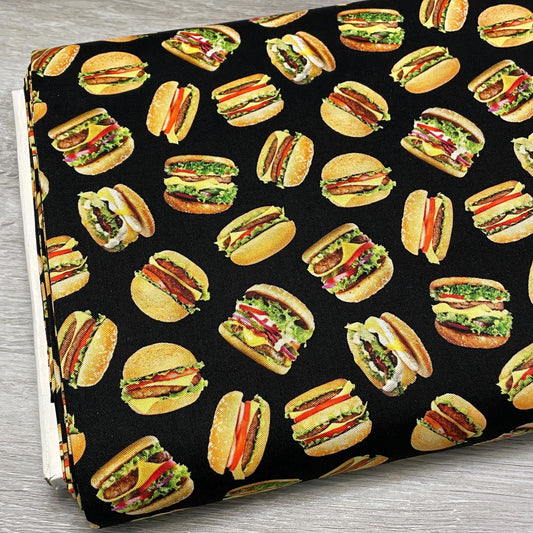Hamburger Fabric - Favorite Foods - Elizabeth Studios - 100% Cotton Fabric - Cooking Grilling Kitchen - 701-Black