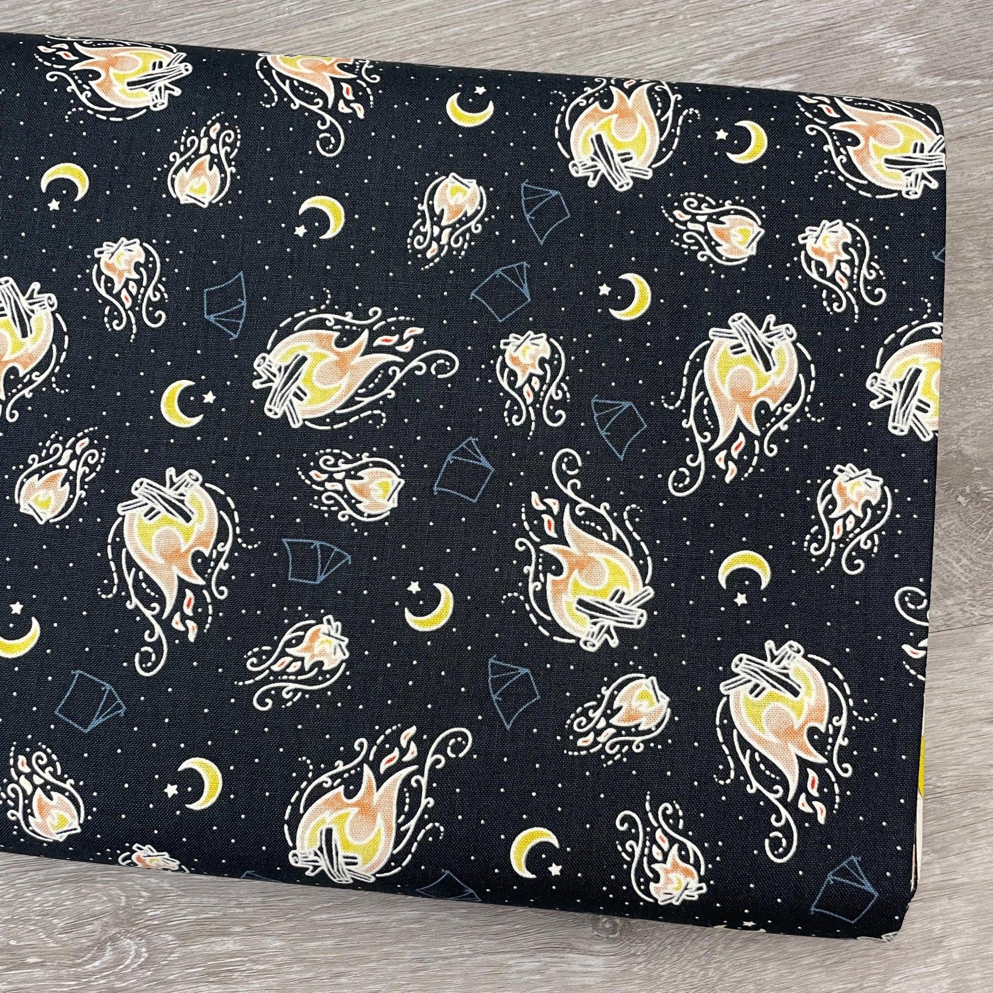 Campfire - By the light of the fire in Navy - Light Up My World collection by Michael Miller fabrics - 100% Cotton Fabric