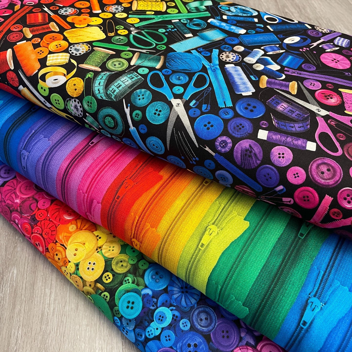 Ombre Sewing Supply Fabric - Timeless Treasures - 100% Cotton - Sewing Room Collection - Zipper Buttons