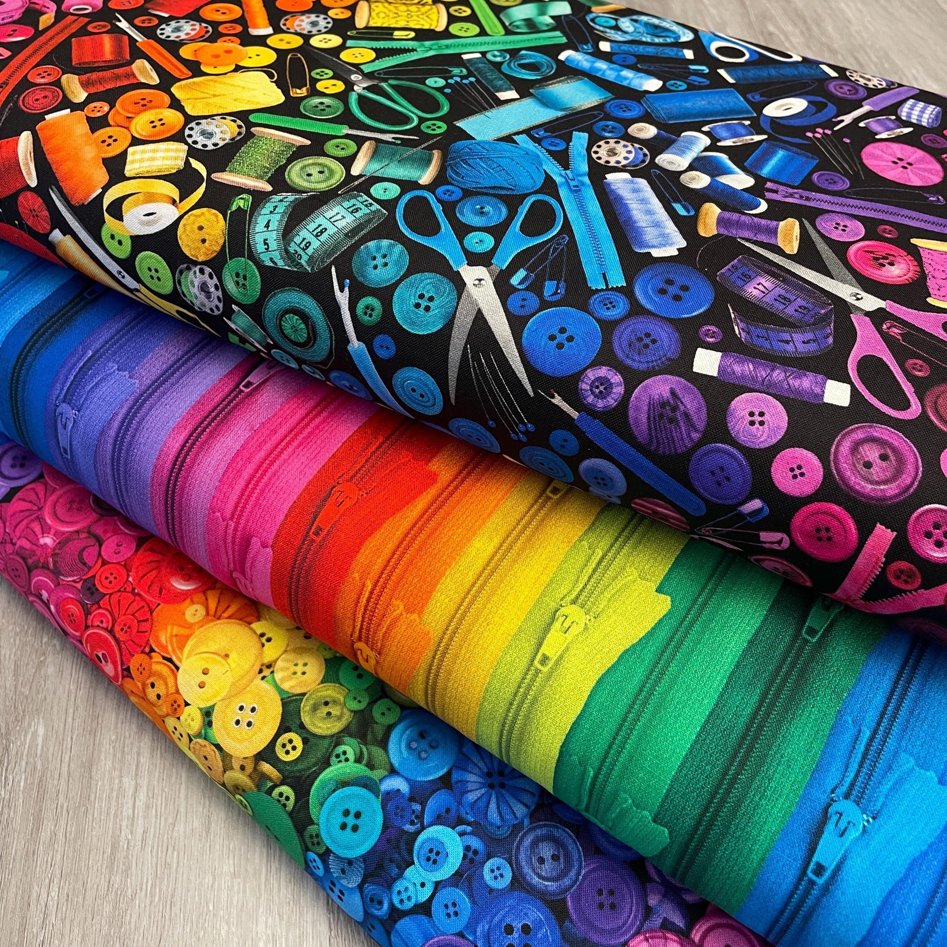 Ombre Sewing Supply Fabric - Timeless Treasures - 100% Cotton - Sewing Room Collection - Zipper Buttons