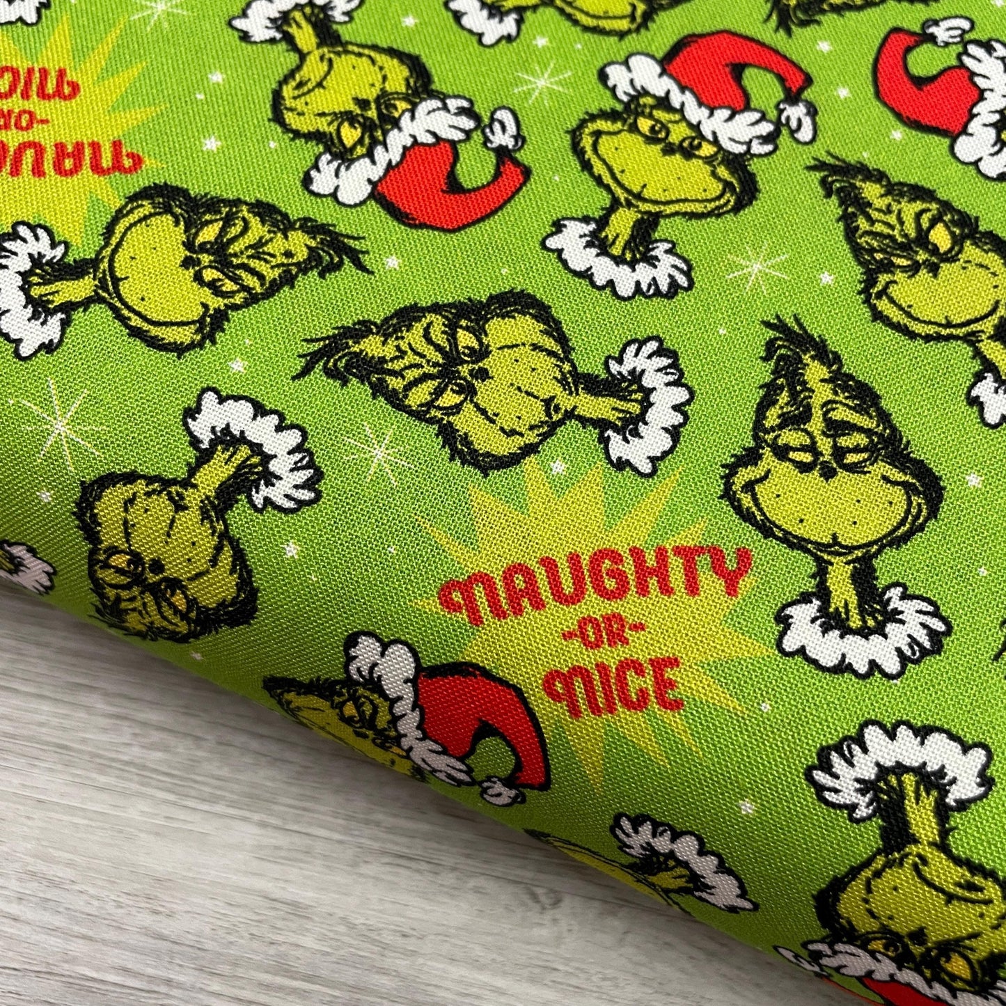 Robert Kaufman Grinch Fabric - Feelin' Grinchy Holly Green - How the Grinch Stole Christmas - 100% cotton fabric - Naughty or Nice