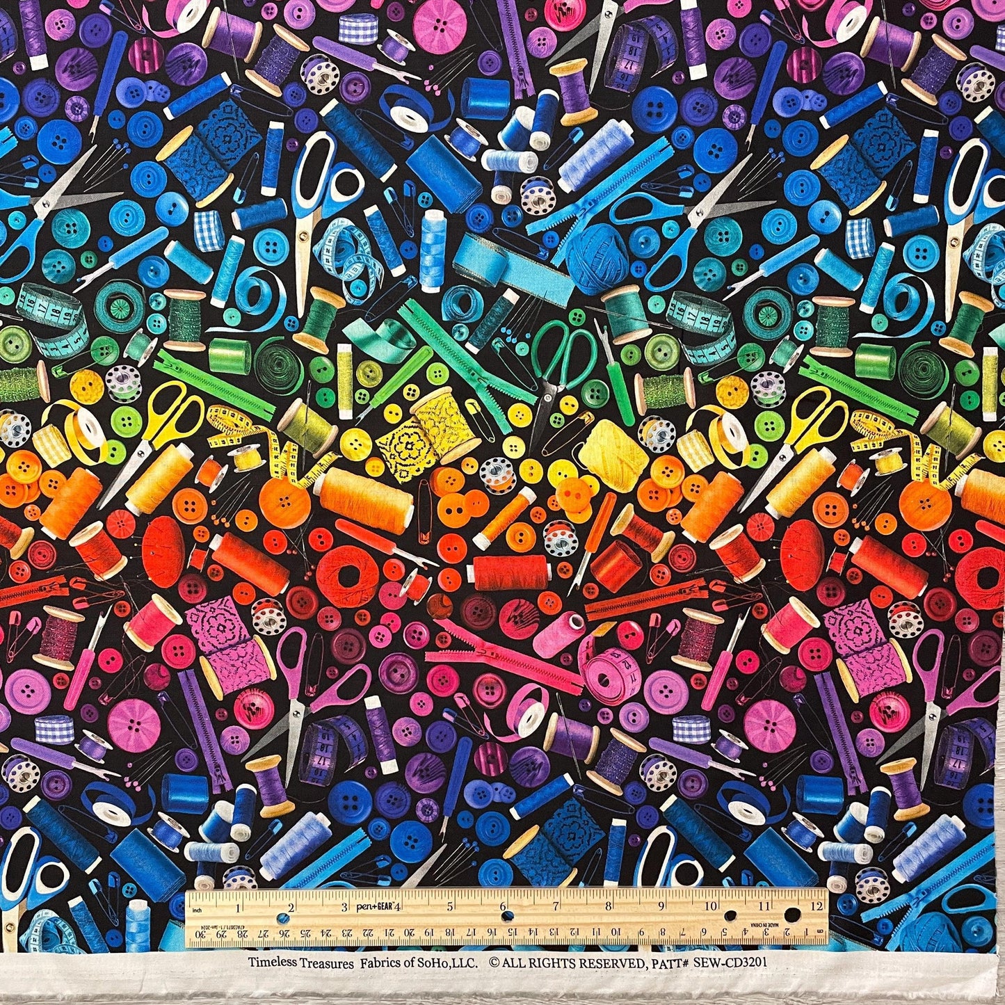 Ombre Sewing Supply Fabric - Timeless Treasures - 100% Cotton - Sewing Room Collection - Zipper Buttons