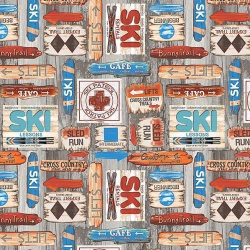 Ski Fabric - 100% Cotton - Slopeside Ski Signs - Blank Quilting Corp - Winter Sports Snow