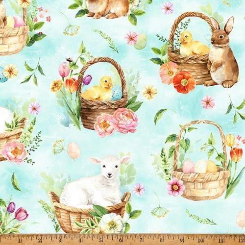 Easter Animal Fabric - Hoffman Fabrics - 100% Cotton - Easter Wonder - Animals in Baskets Breeze W5426-492
