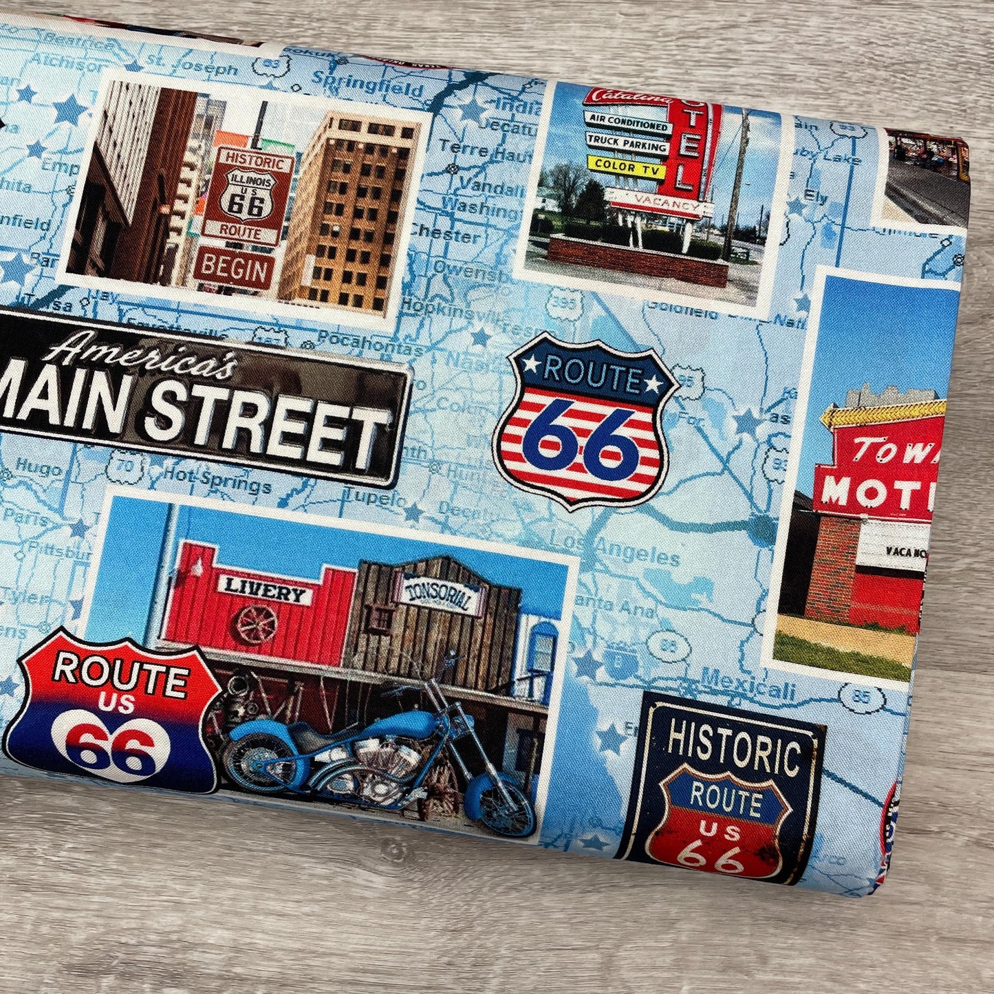 Route 66 Fabric - American Landmarks - 100% cotton - Kanvas Studios for Benartex - Road Trip Driving Car Travel US MAP Main Street USA Icons