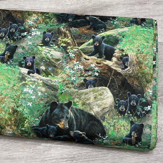 Black Bear fabric - Tender Moments - 100% Cotton - 9608-Green - Baby Bear Family