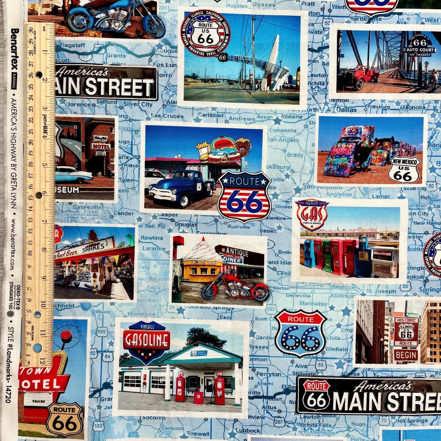 Route 66 Fabric - American Landmarks - 100% cotton - Kanvas Studios for Benartex - Road Trip Driving Car Travel US MAP Main Street USA Icons