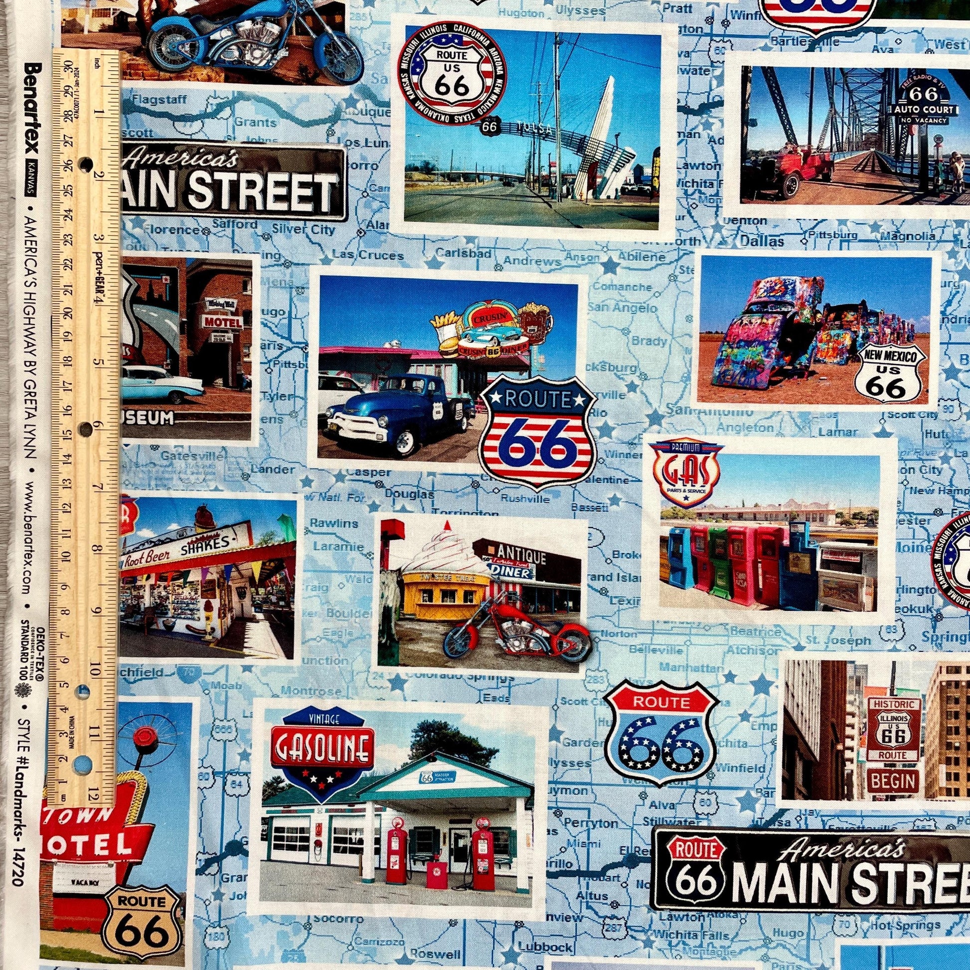 Route 66 Fabric - American Landmarks - 100% cotton - Kanvas Studios for Benartex - Road Trip Driving Car Travel US MAP Main Street USA Icons