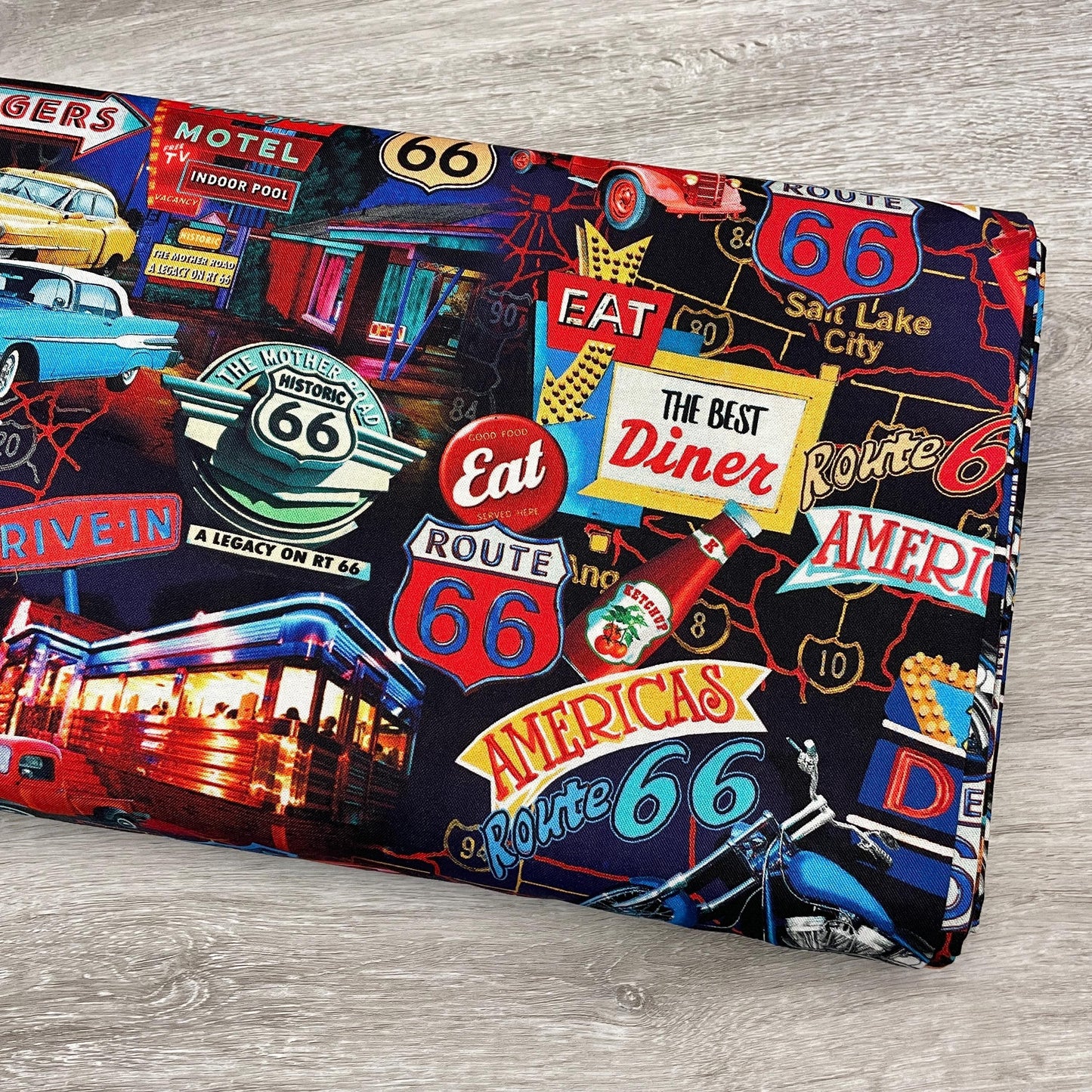 Route 66 Fabric - Night Life Multi - 100% cotton - Kanvas Studios for Benartex - Road Trip Driving Car Travel US MAP Main Street USA Icons