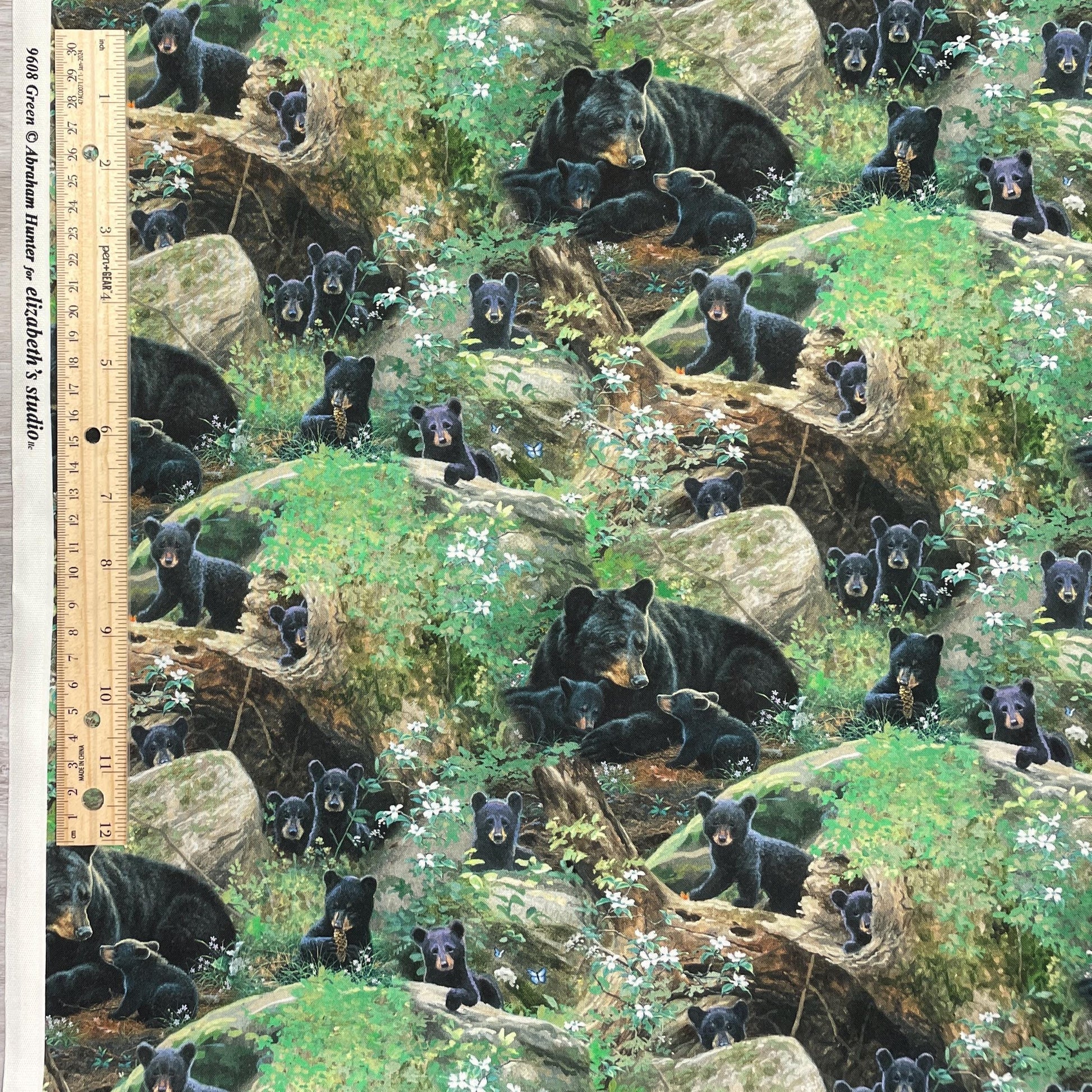 Black Bear fabric - Tender Moments - 100% Cotton - 9608-Green - Baby Bear Family