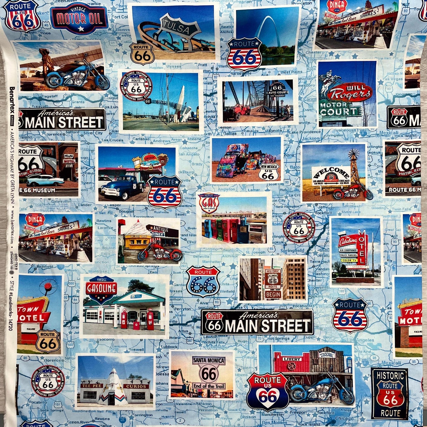 Route 66 Fabric - American Landmarks - 100% cotton - Kanvas Studios for Benartex - Road Trip Driving Car Travel US MAP Main Street USA Icons