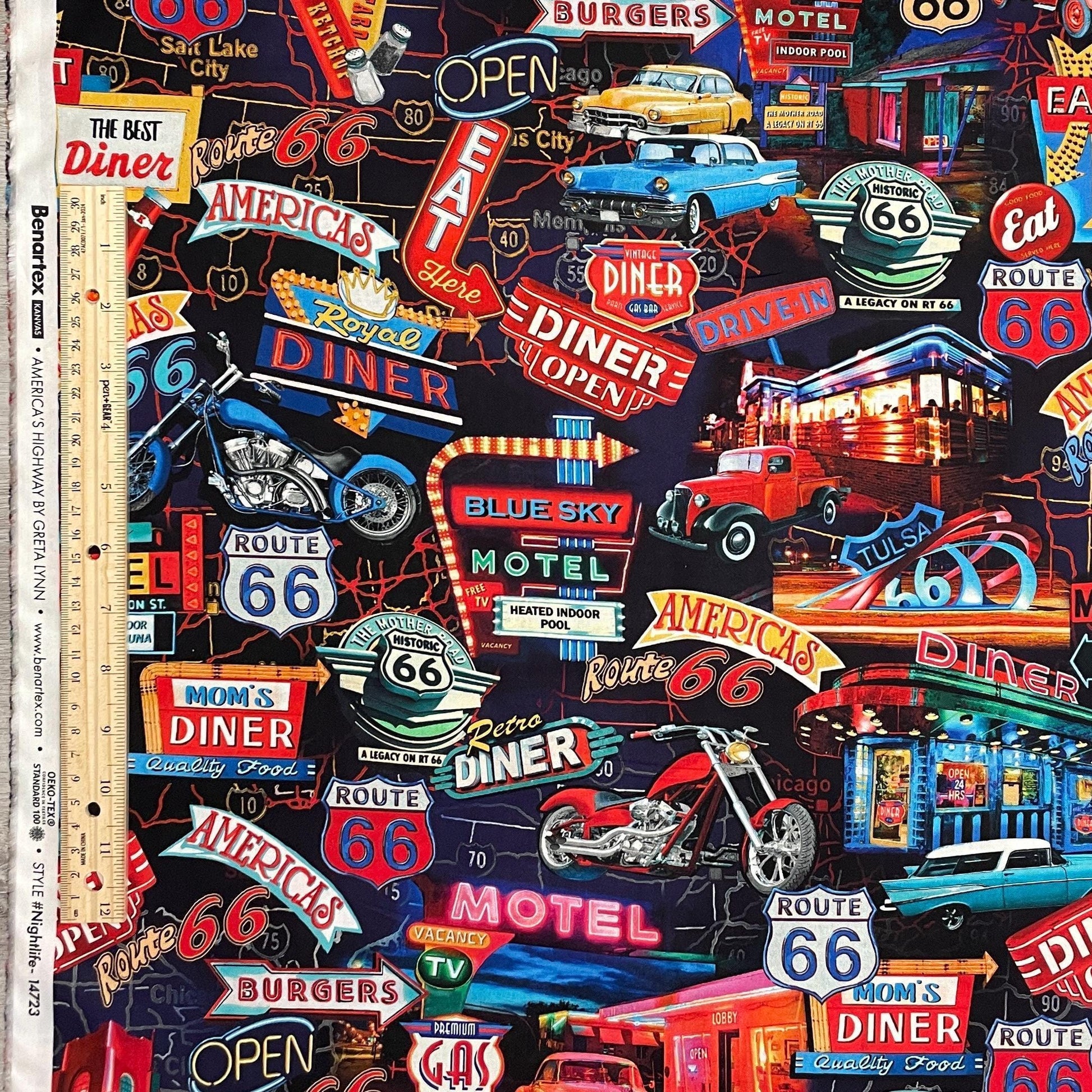 Route 66 Fabric - Night Life Multi - 100% cotton - Kanvas Studios for Benartex - Road Trip Driving Car Travel US MAP Main Street USA Icons