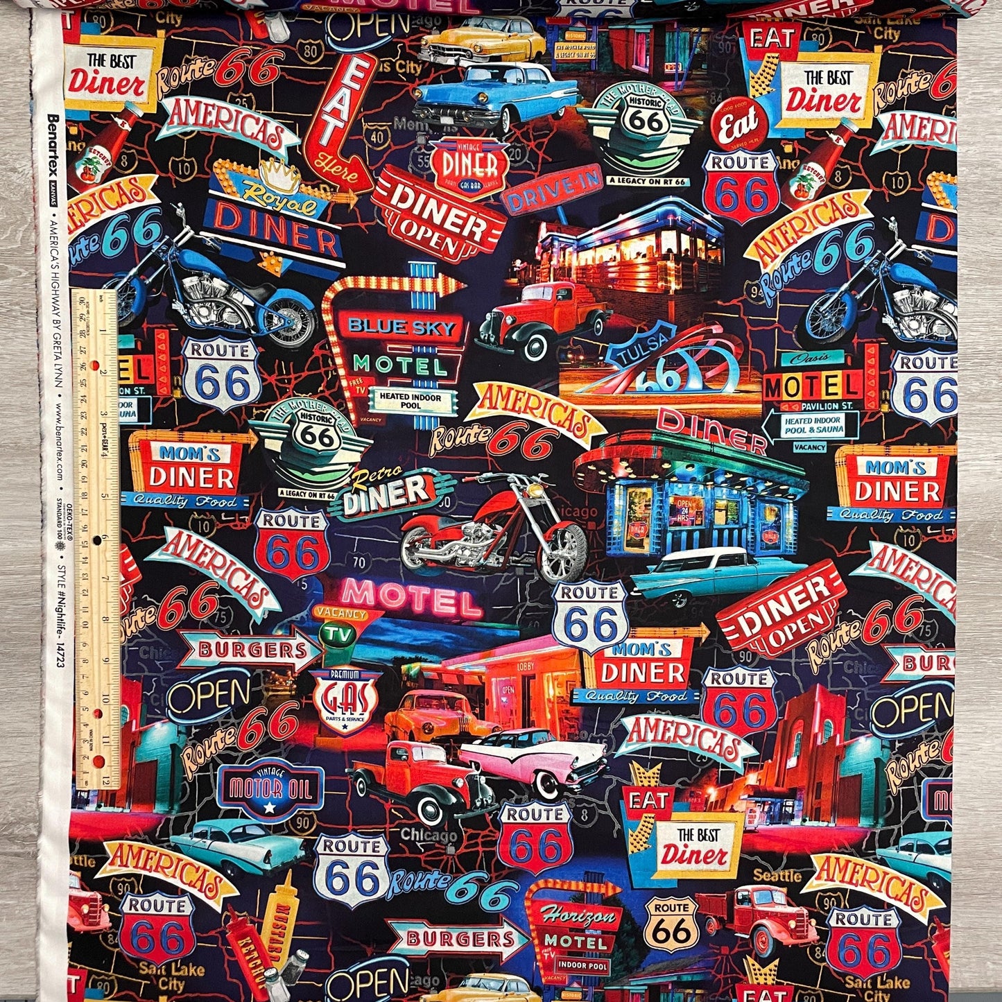 Route 66 Fabric - Night Life Multi - 100% cotton - Kanvas Studios for Benartex - Road Trip Driving Car Travel US MAP Main Street USA Icons