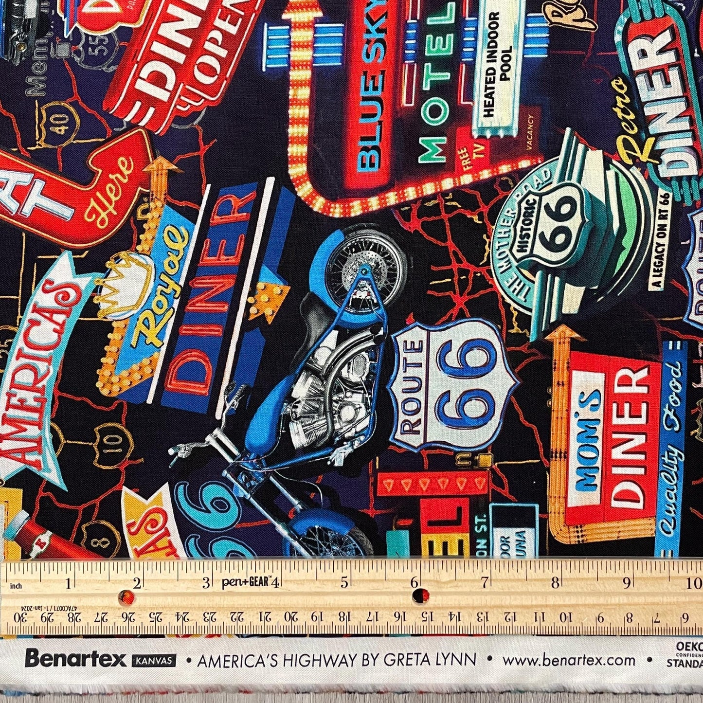 Route 66 Fabric - Night Life Multi - 100% cotton - Kanvas Studios for Benartex - Road Trip Driving Car Travel US MAP Main Street USA Icons