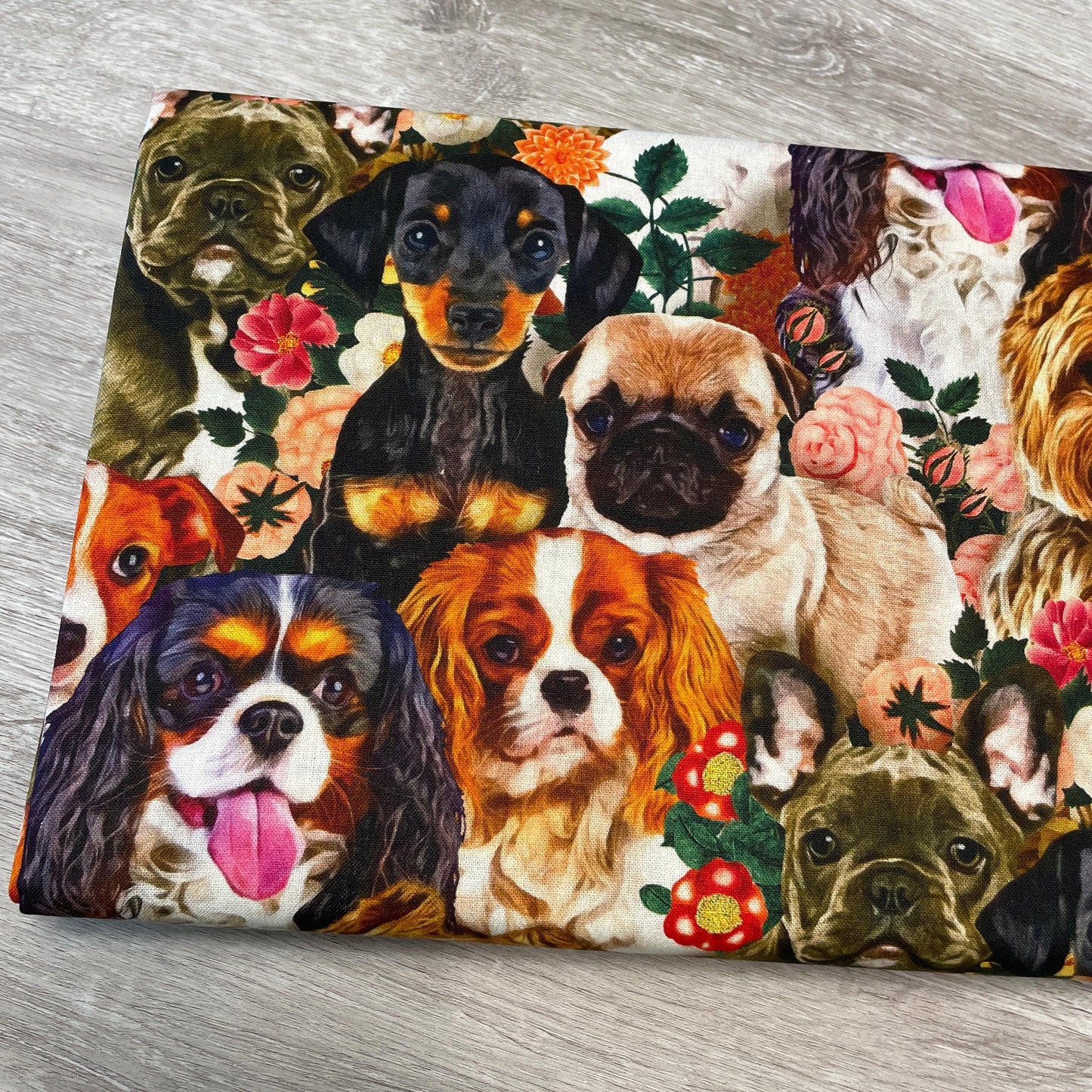 Dog fabric - Dogs & Blooms - 100% Cotton - Yorkie Pug Frenchie Spaniel Jack Russel Terrier