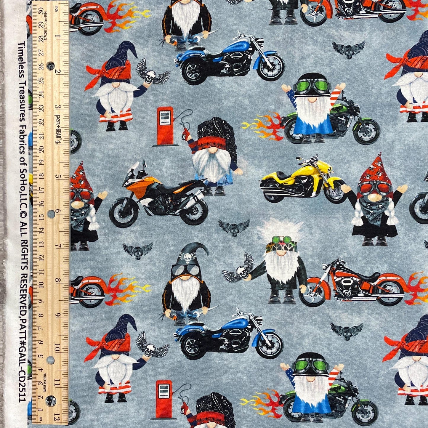 Biker Gnomes Fabric - Timeless Treasures - 100% cotton - Motorcycle Club