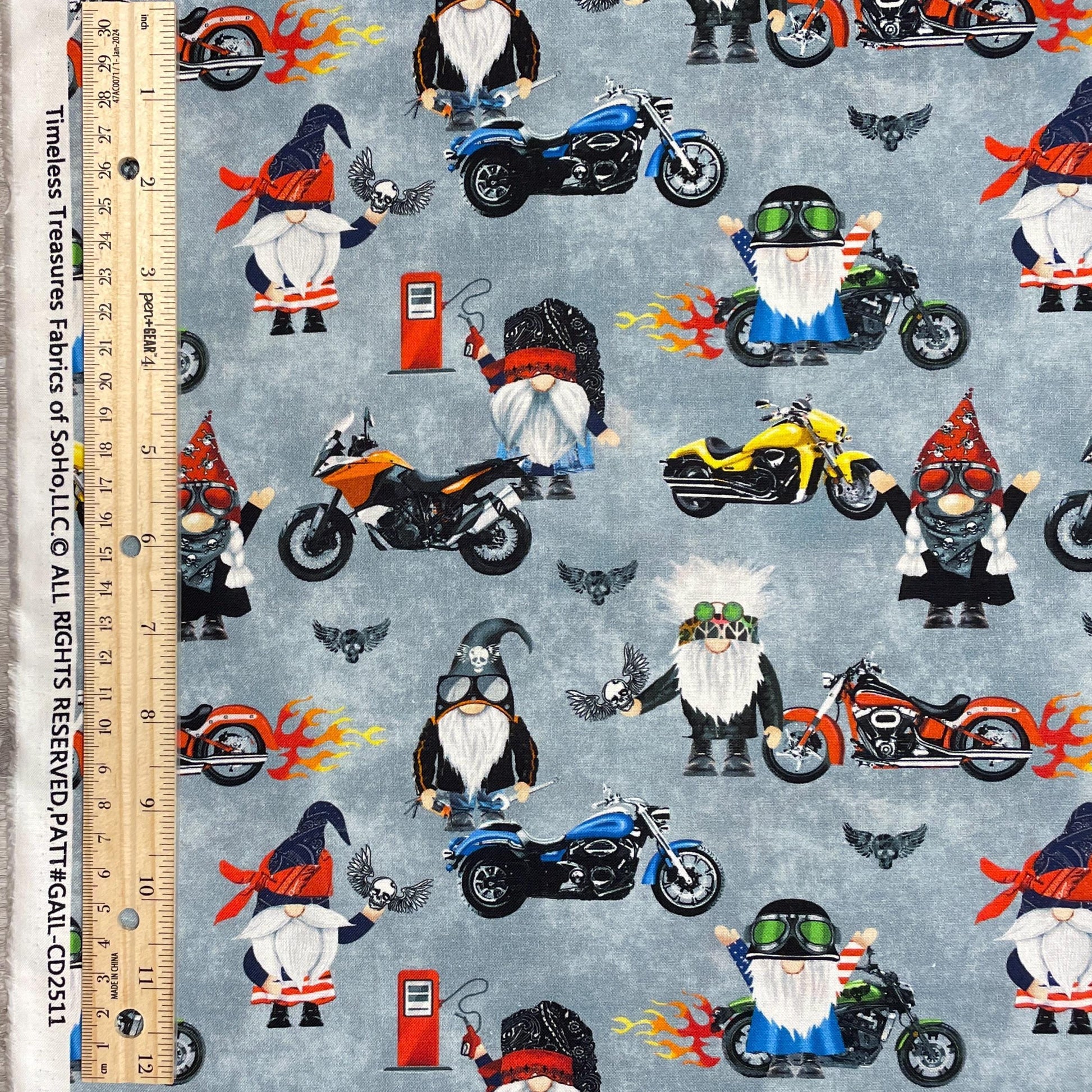 Biker Gnomes Fabric - Timeless Treasures - 100% cotton - Motorcycle Club