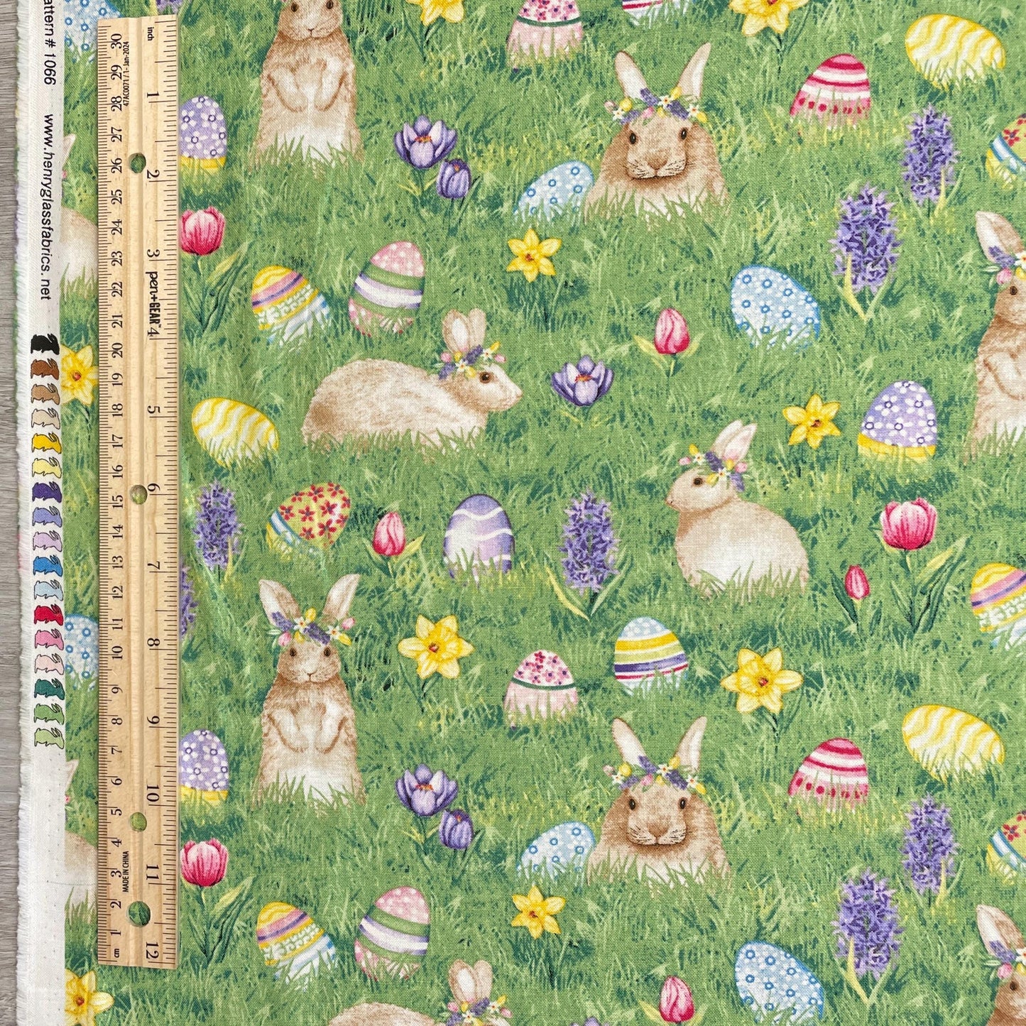 Easter Bunnies and Eggs on Grass - Henry Glass - Hoppy Hunting - 100% Cotton