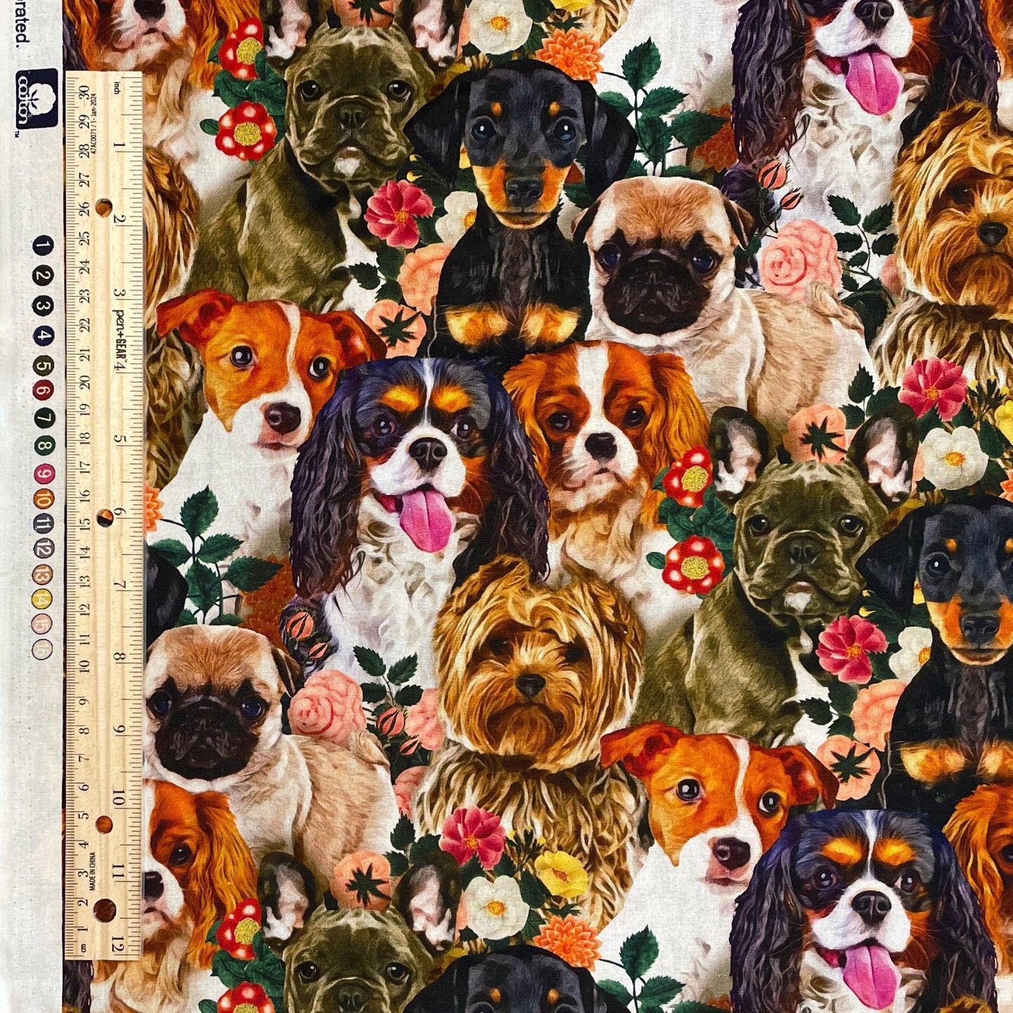 Dog fabric - Dogs & Blooms - 100% Cotton - Yorkie Pug Frenchie Spaniel Jack Russel Terrier