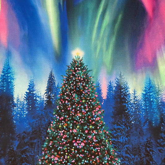 Christmas Tree Aurora Borealis Fabric Panel - 23" x 43"