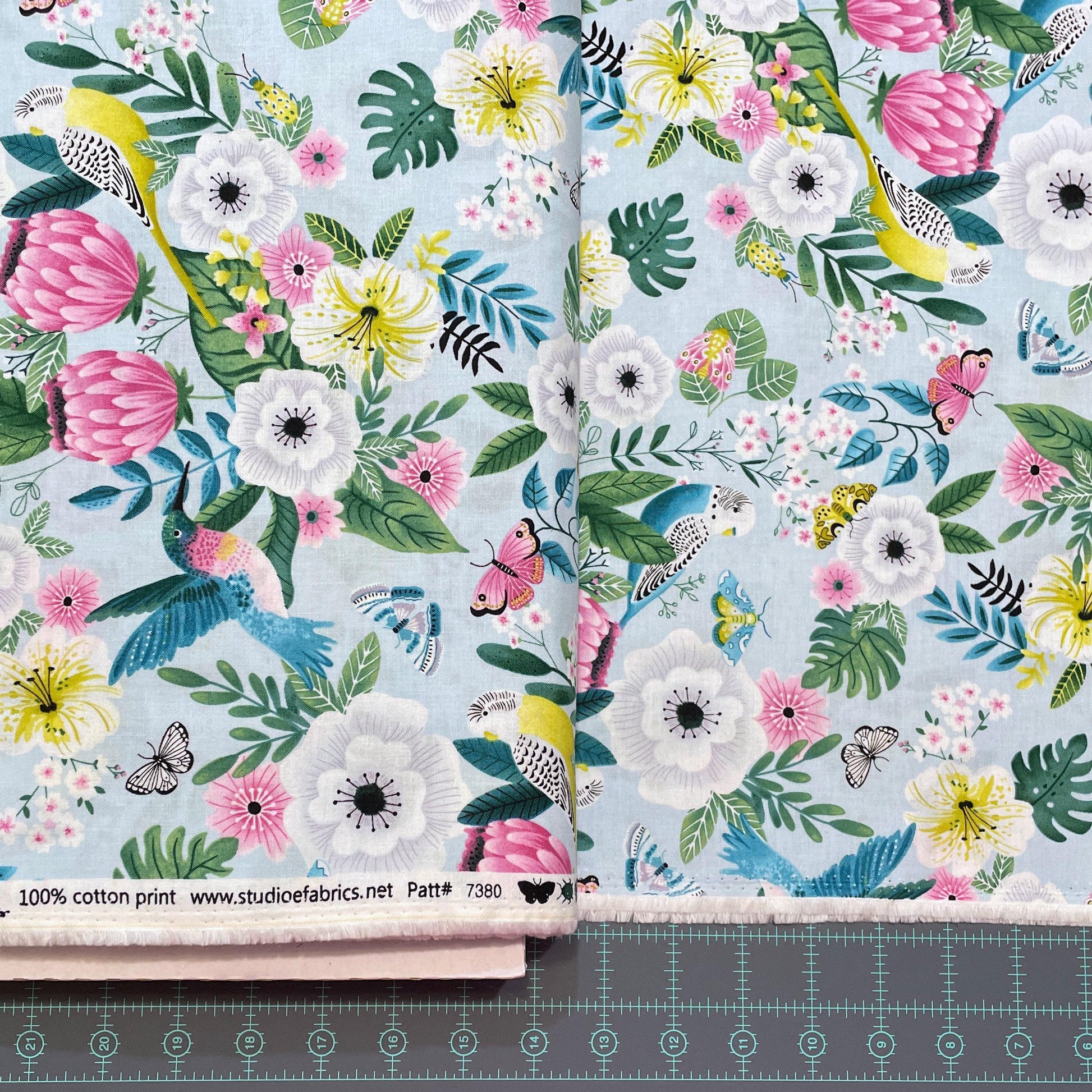 Floral Bird Fabric - Tropical Menagerie - 7380-11 Seaglass - 100% cotton - StudioE