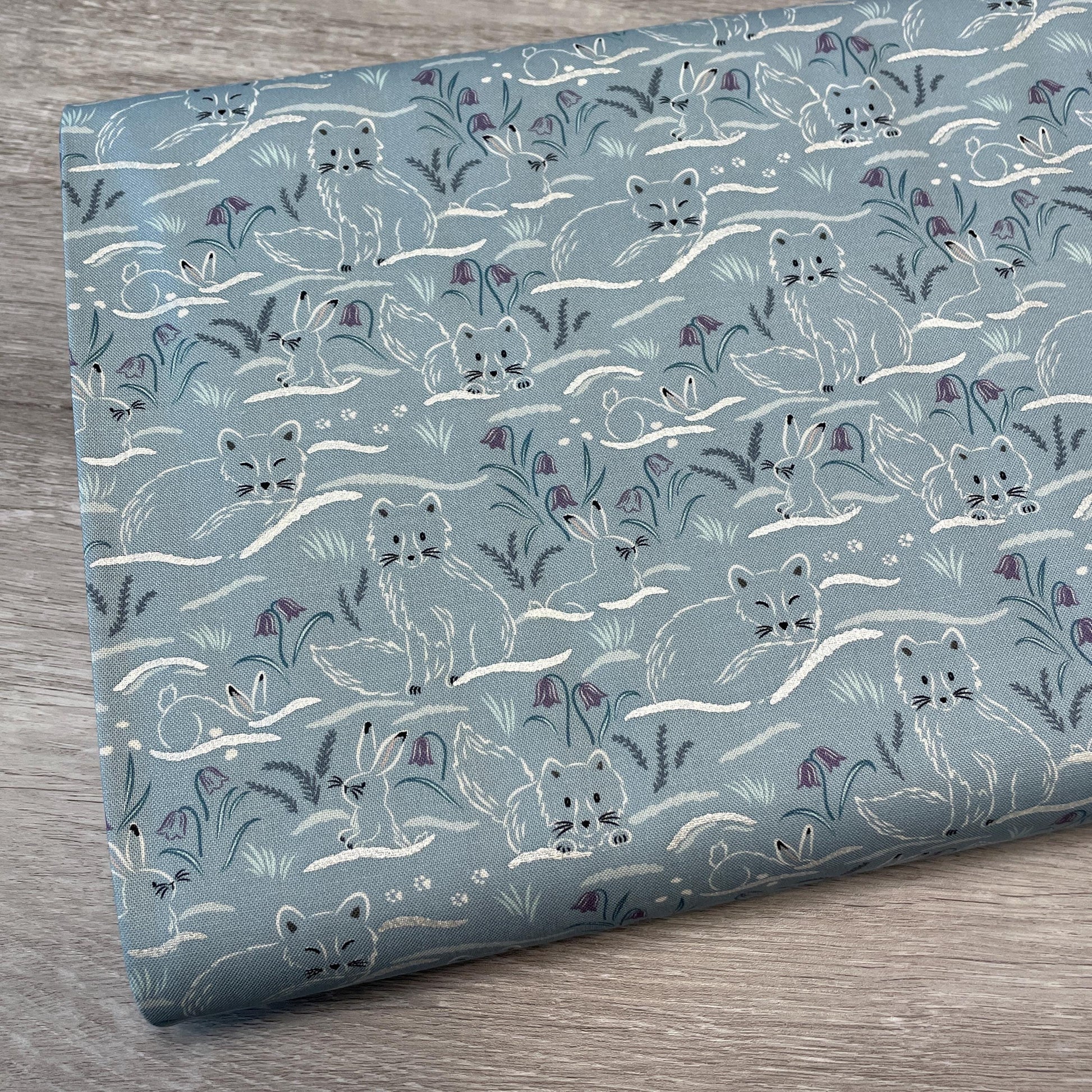 Arctic Fox and Rabbit Fabric - Haring Around on Arctic Blue - 100% Cotton - by Lewis & Irene