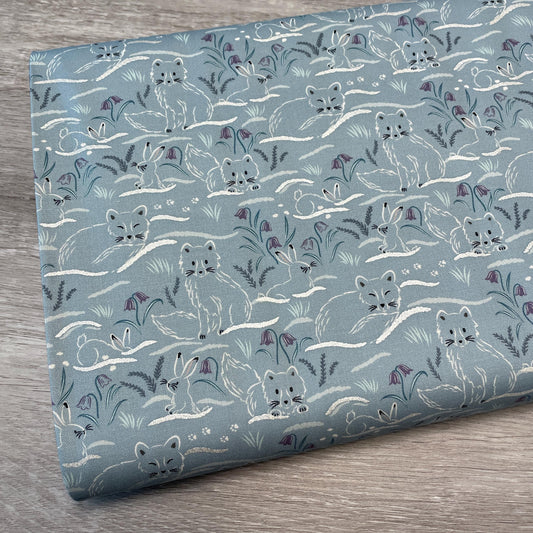 Arctic Fox and Rabbit Fabric - Haring Around on Arctic Blue - 100% Cotton - by Lewis & Irene