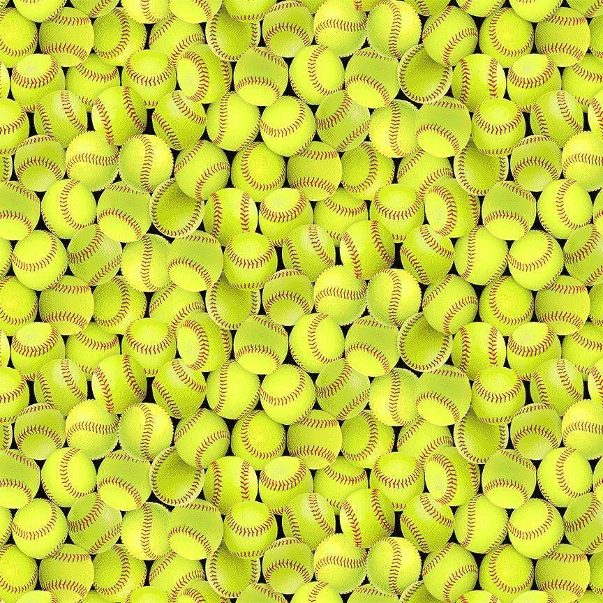 May include: A repeating pattern of yellow softballs with red stitching. The softballs are tightly packed together, filling the frame. The yellow color of the softballs is consistent throughout the image. The red stitching is visible on each ball, adding detail to the design. The background is black.