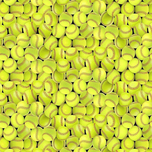 May include: A repeating pattern of yellow softballs with red stitching. The softballs are tightly packed together, filling the frame. The yellow color of the softballs is consistent throughout the image. The red stitching is visible on each ball, adding detail to the design. The background is black.