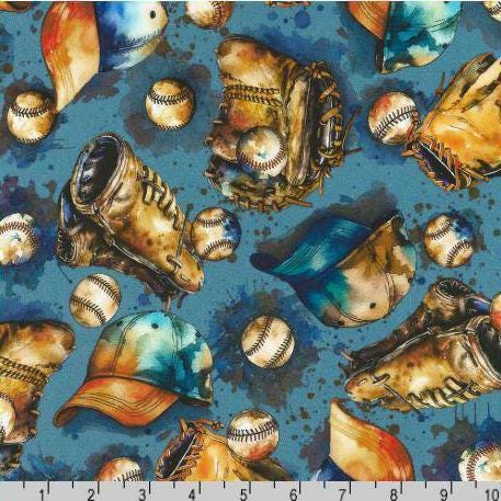 Baseball fabric - 100% Cotton - Robert Kaufman - Game Day Blue - Sports