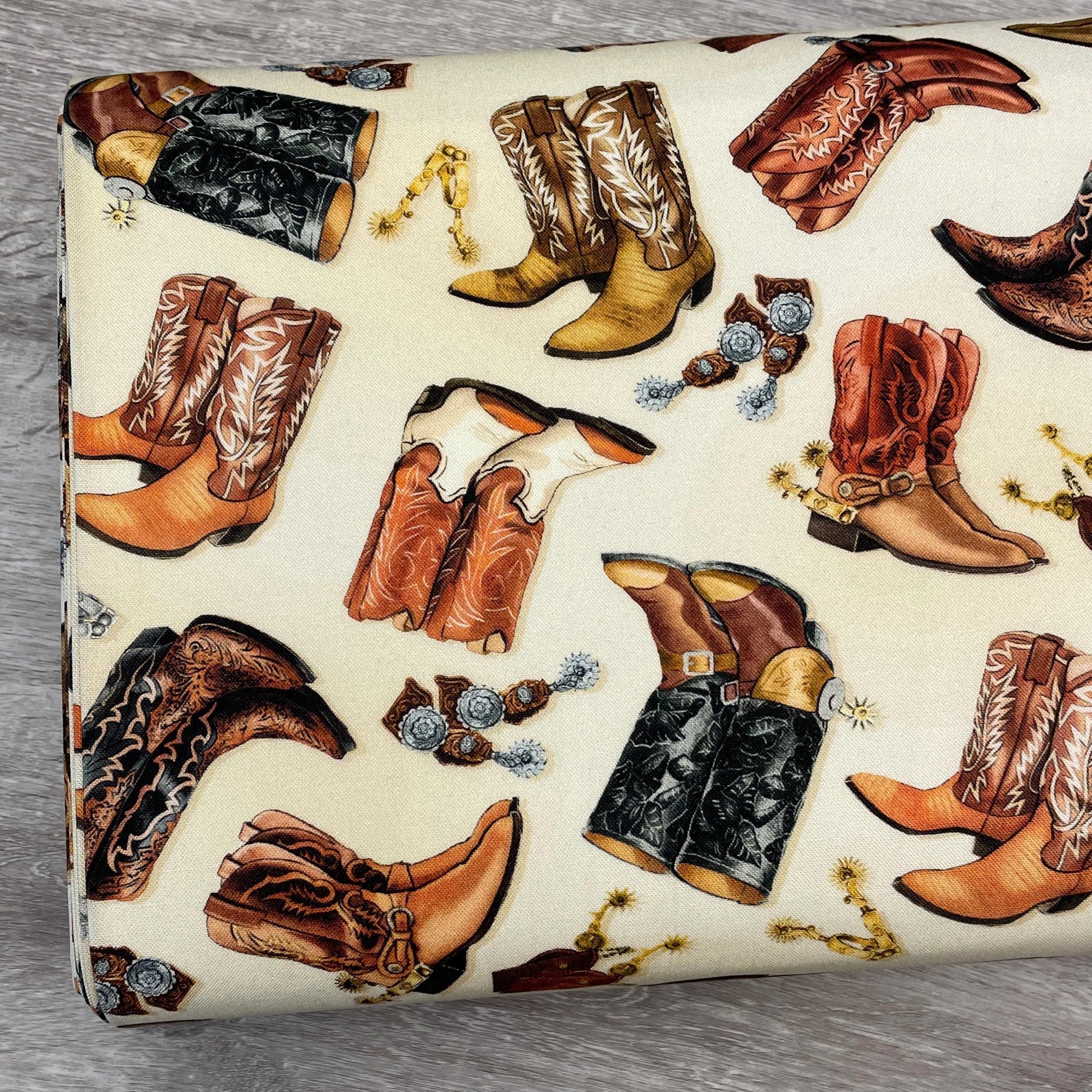 Cowboy Boot Fabric - Yellowstone - 100% Cotton - Kanvas for Benartex - Country Western Cowgirl Farmer Rancher Quilting Material