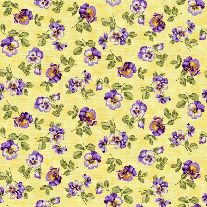 Spring Bouquet Pansy Fabric - Yellow - Paintbrush Studio - 100% cotton - Pansies
