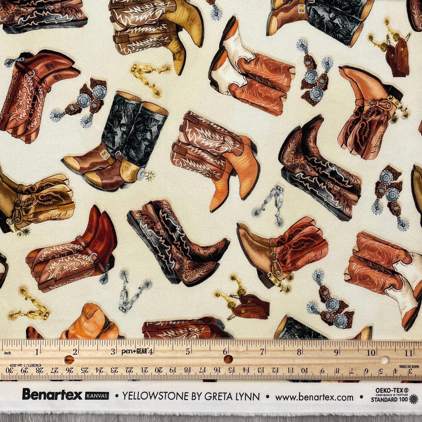 Cowboy Boot Fabric - Yellowstone - 100% Cotton - Kanvas for Benartex - Country Western Cowgirl Farmer Rancher Quilting Material