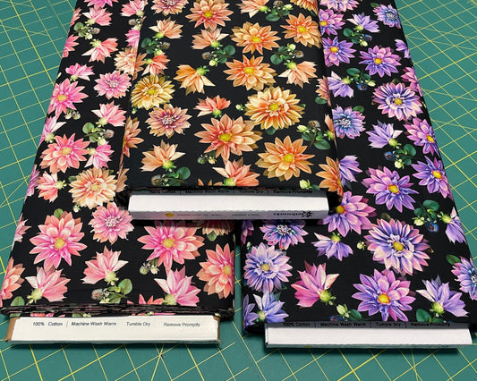 Dahlia Floral Fabric - 100% Cotton - Tina&#39;s Garden Collection for Clothworks - digital flower fabric quilting material - Ships NEXT DAY