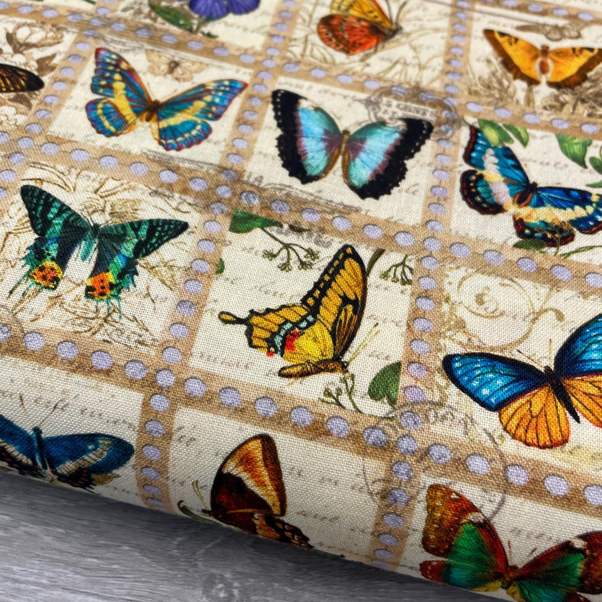 Butterfly Stamp Fabric - Robert Kaufman Library of Rarities - 100% Cotton - ATXD-19598-200 VINTAGE