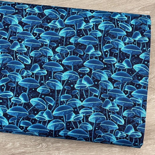 Bioluminescent Mushrooms - Blue - 100% Cotton Fabric - Timeless Treasures - Electric Ocean