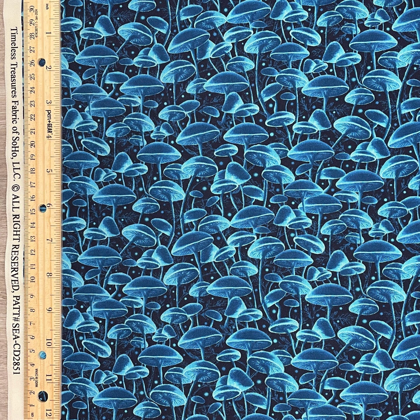 Bioluminescent Mushrooms - Blue - 100% Cotton Fabric - Timeless Treasures - Electric Ocean