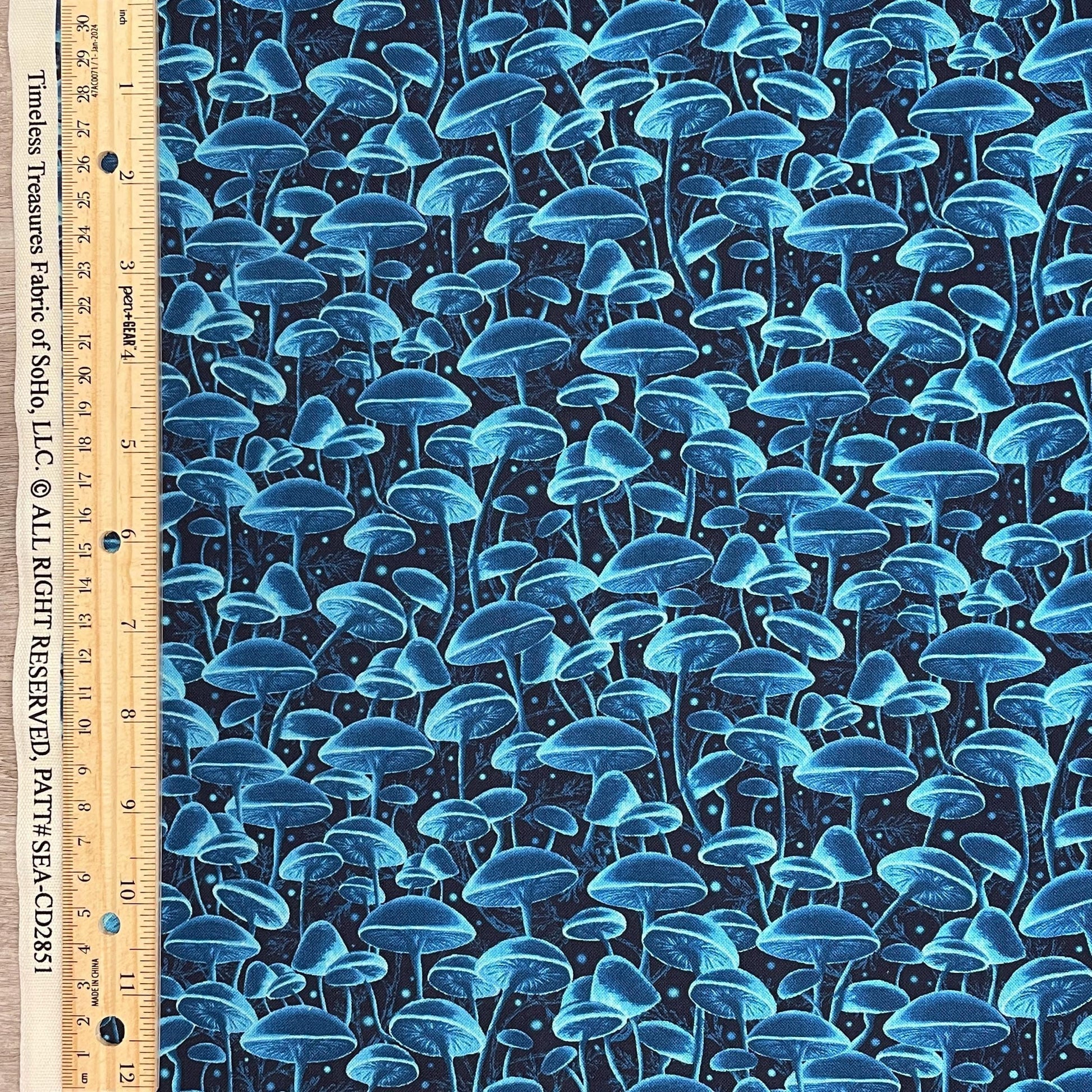 Bioluminescent Mushrooms - Blue - 100% Cotton Fabric - Timeless Treasures - Electric Ocean