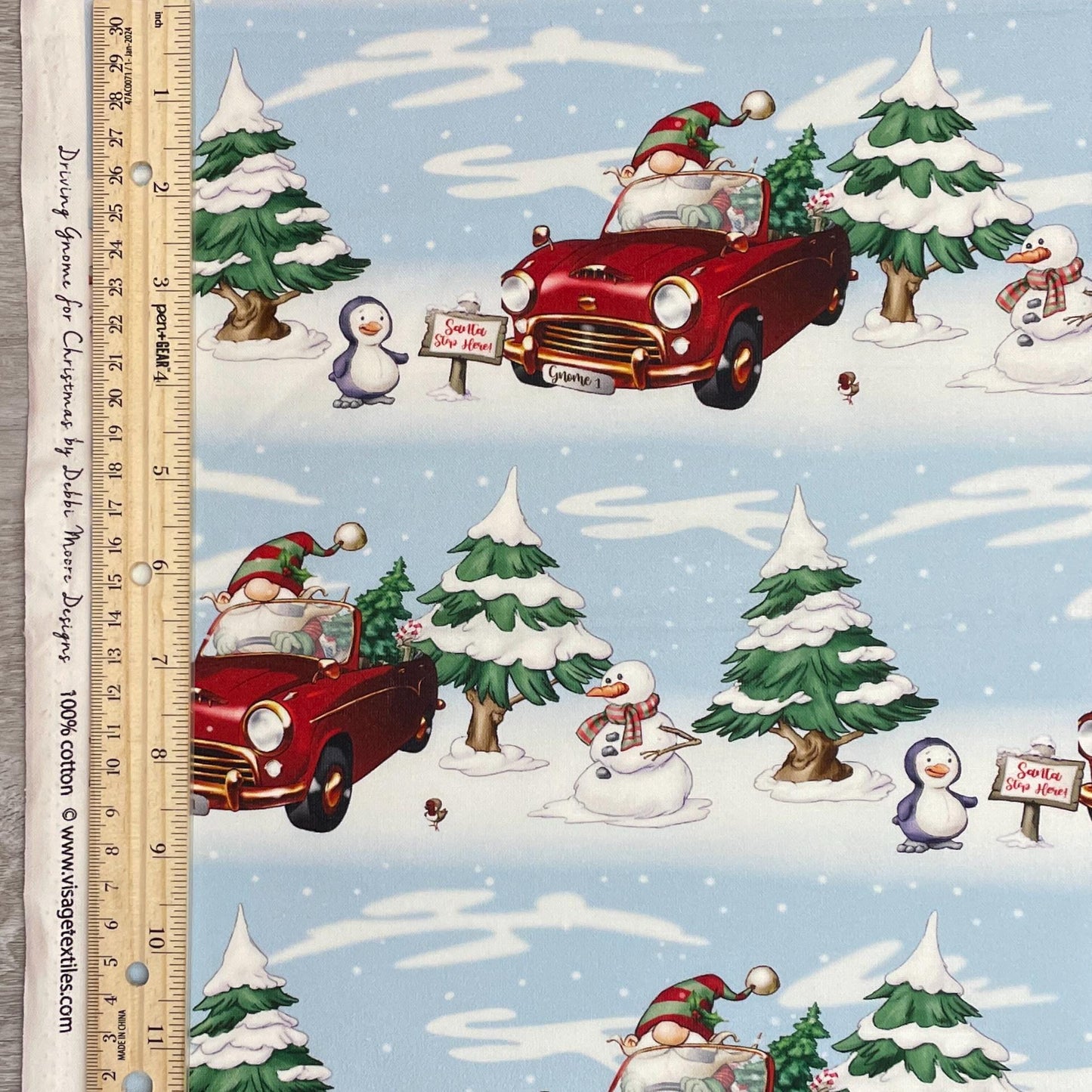 Driving Gnome Fabric - Driving Home for Christmas - Craft Cotton Company - 100% cotton fabric