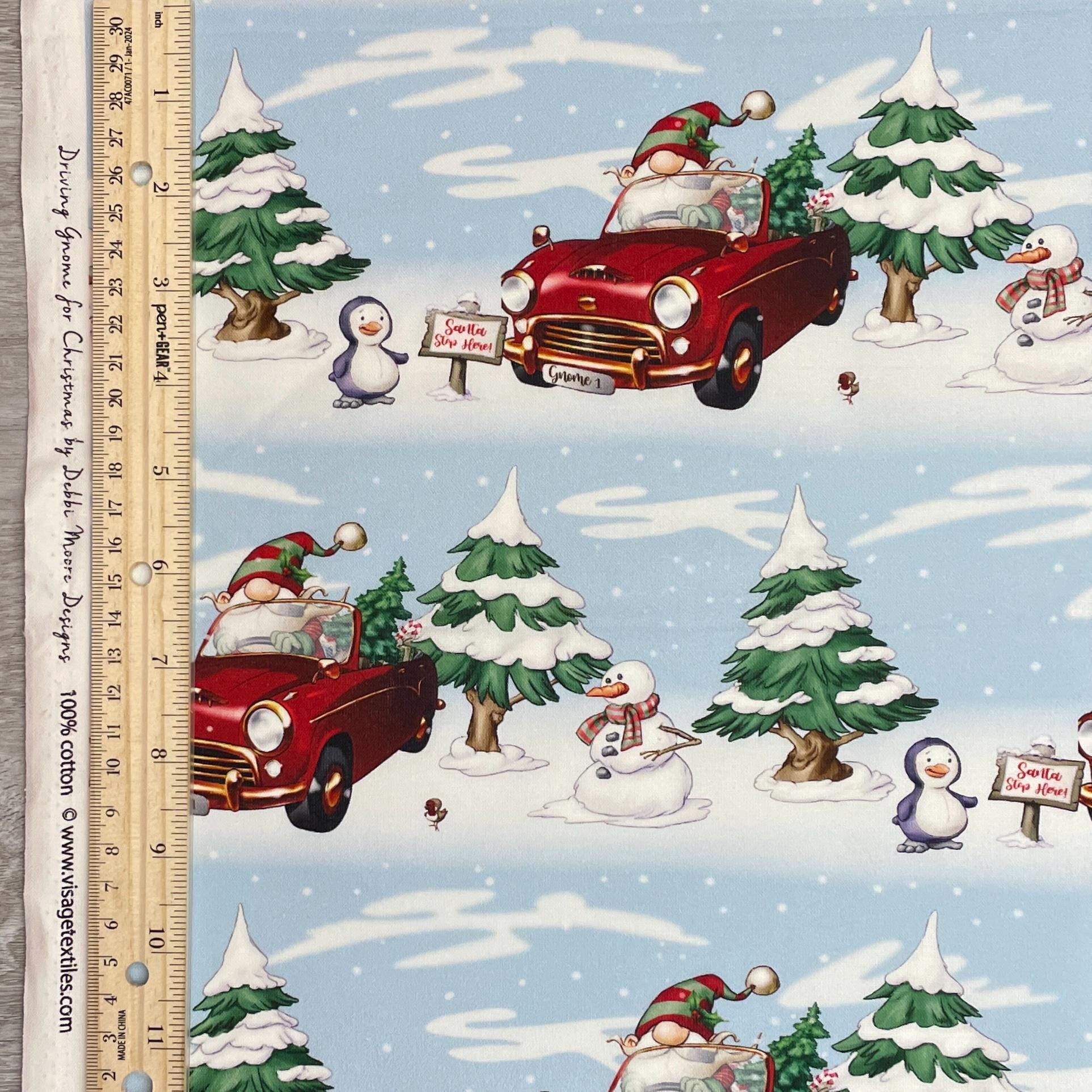 Driving Gnome Fabric - Driving Home for Christmas - Craft Cotton Company - 100% cotton fabric
