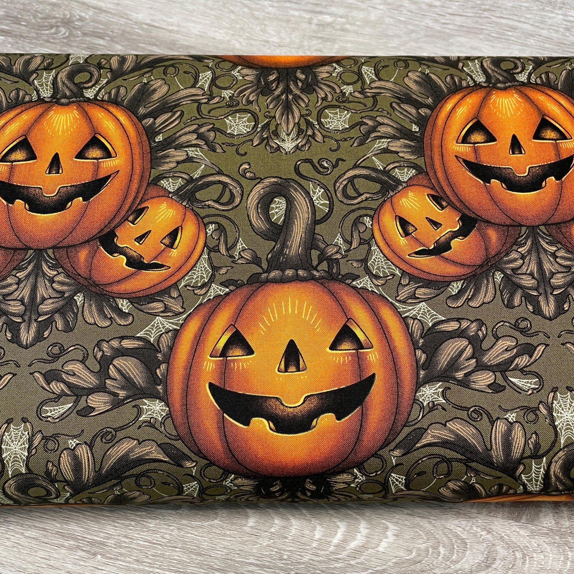 Halloween Fabric - Pumpkin Damask - Olive - 100% Cotton - FreeSpirit - Mystic Moonlight by Rachel Hauer
