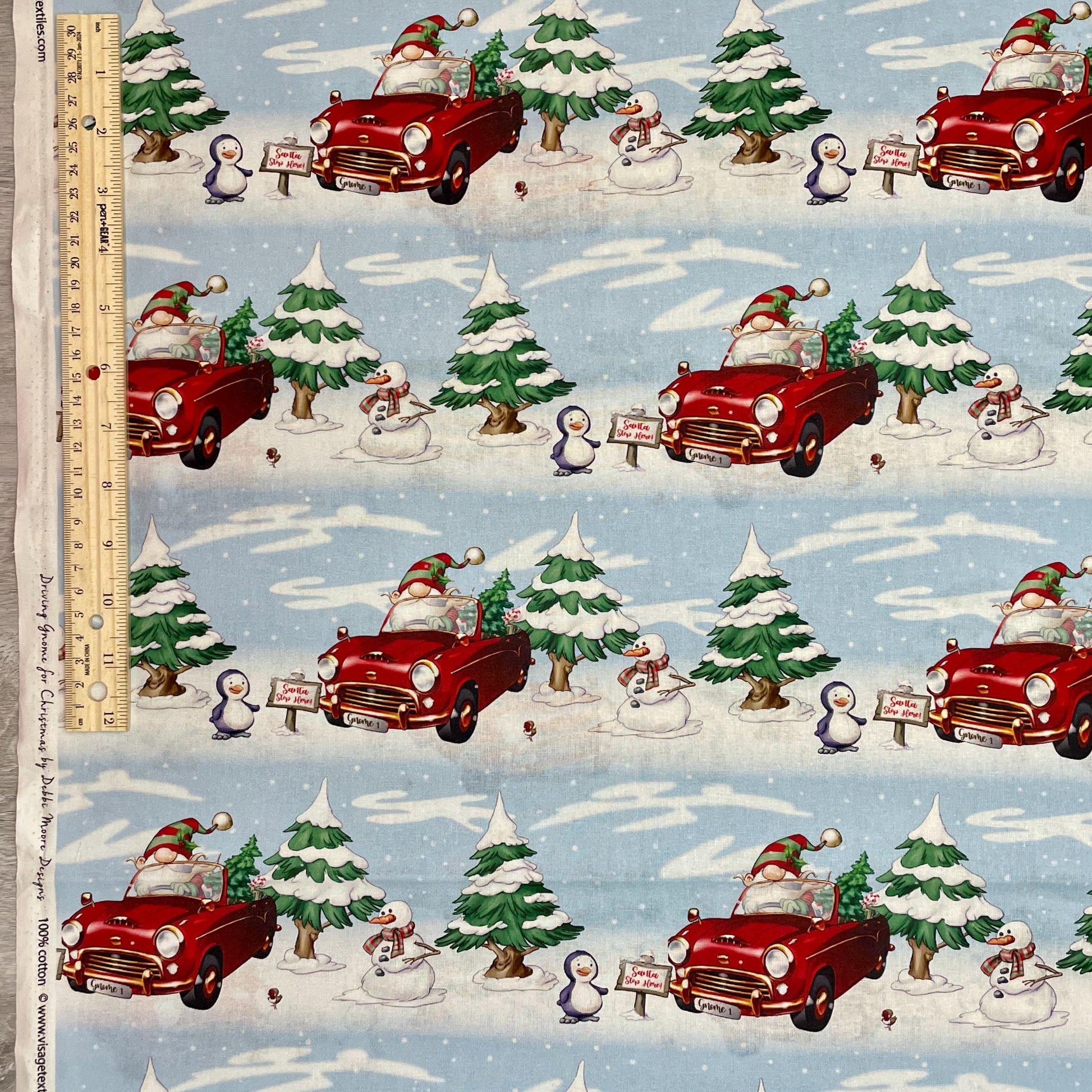 Driving Gnome Fabric - Driving Home for Christmas - Craft Cotton Company - 100% cotton fabric