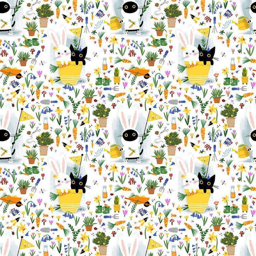 Cat fabric - Dear Stella - Bunny Slippers - Sweet Purrennials - 100% Cotton - Garden pot