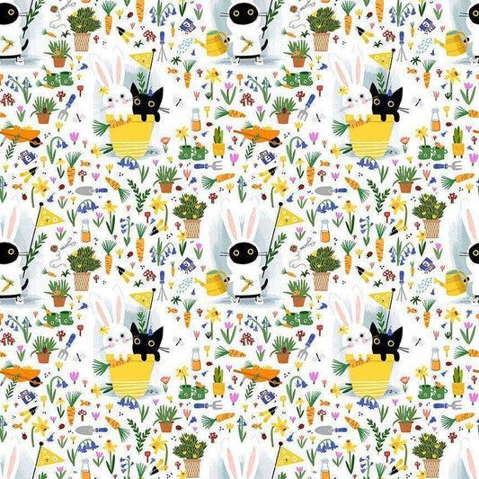 Cat fabric - Dear Stella - Bunny Slippers - Sweet Purrennials - 100% Cotton - Garden pot