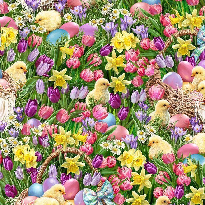 Easter Garden Fabric - Timeless Treasures - 100% Cotton - Chicks in spring flowers
