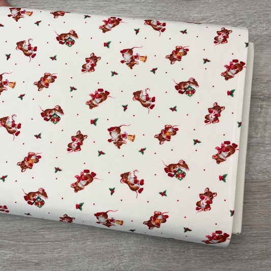 Christmas Mice Fabric - Mice with Red Boots - Furry and Bright