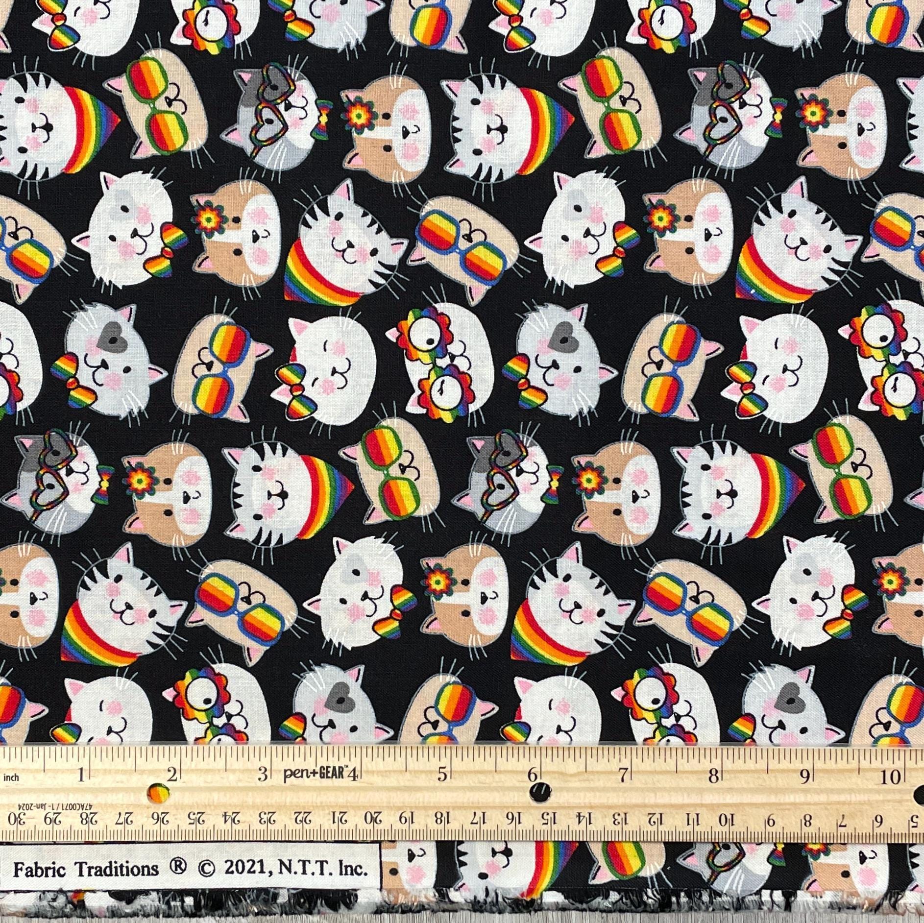 Rainbow Cat Fabric by the yard - Cool Cats Toss