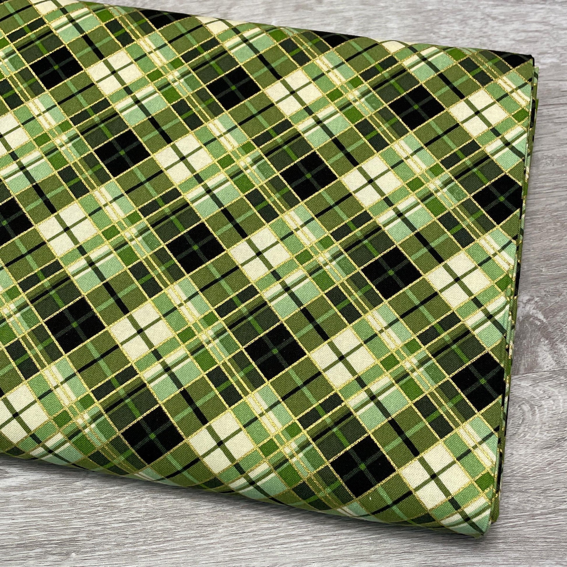 Green Plaid Fabric - Metallic Accents - Harvest Festival